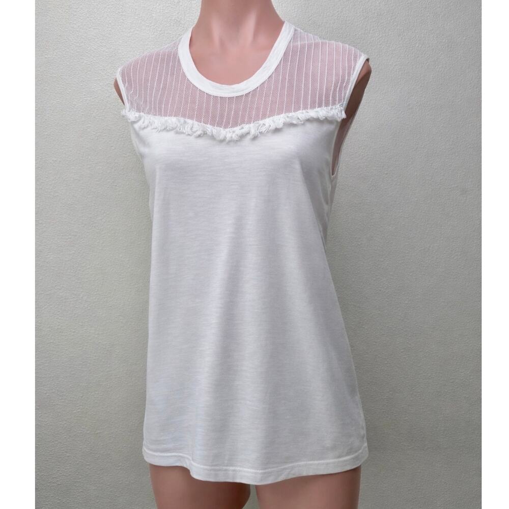 Pepin White Sheer Mesh Tassel Sleeveless Top Scoop Neck Linen Blend
